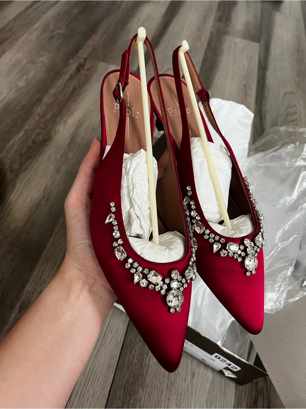Linea Paolo Red Satin Crystal-Embellished Pointed Slingback Mules